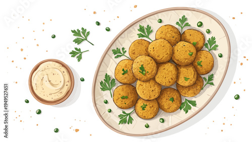 A plate of delicious falafel served with a side of creamy sauce and garnished with fresh herbs