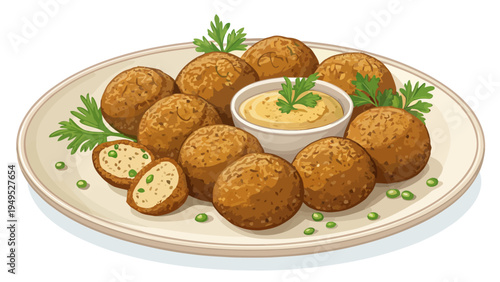 A plate of crispy falafel with a side of creamy hummus and fresh herbs