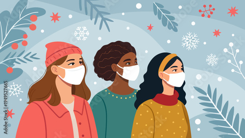 Three diverse women wearing face masks standing together in a festive winter setting with snowflakes and leaves