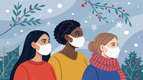 Three women wearing face masks standing together in a festive winter scene with snowflakes and holly