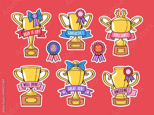 Golden goblet trophy cups and awards isolated set with positive reinforcement phrases on ribbons