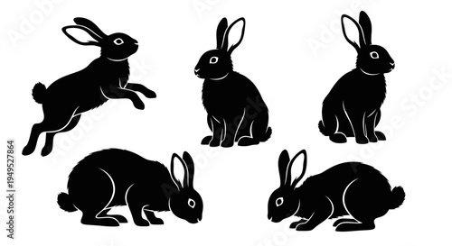 Set of Black Rabbit Silhouettes in Various Poses on White Background
