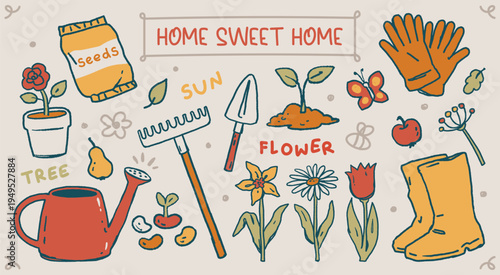 Charming retro garden composition with vintage watering can, flowers, seeds and garden tools