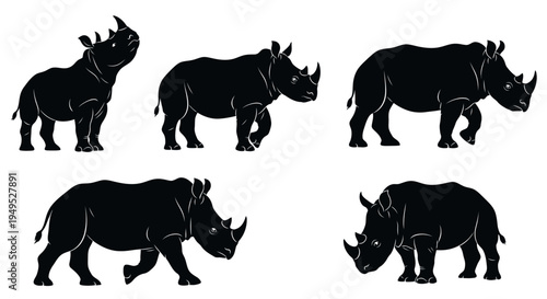 Set of Black Rhinoceros Silhouettes in Various Poses on White Background