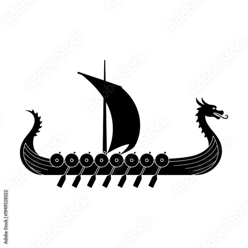 Black silhouette of a Viking longship with dragon head prow and shields on white background