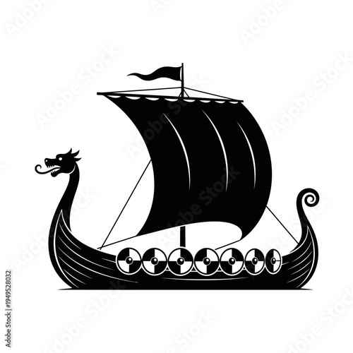 Black silhouette of a Viking longship with dragon head prow and shields on deck