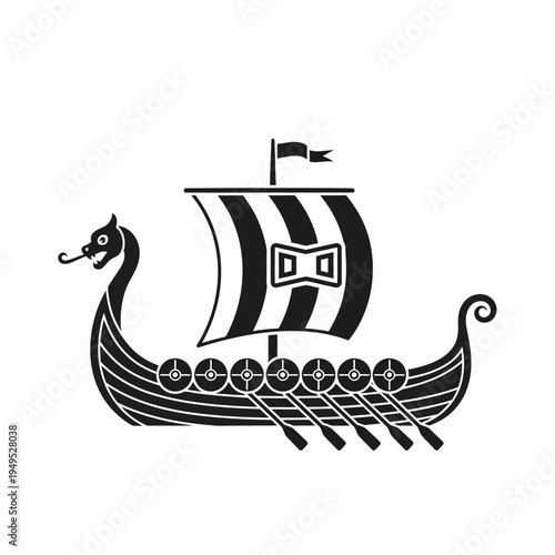 Black and white illustration of a Viking longship with dragon head prow and sail
