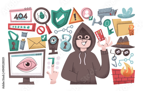 Cyber security elements for data protection set with cunning thief character stole bank card