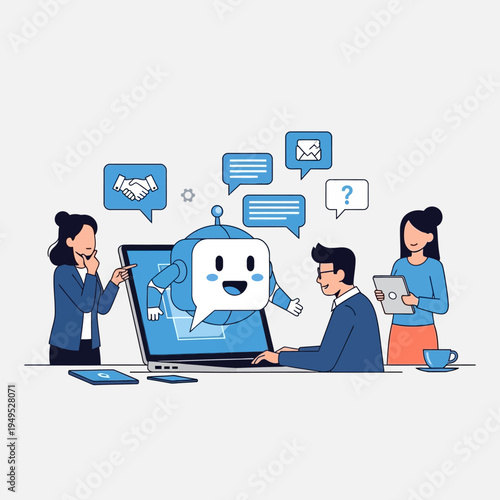 AI chatbot on laptop helping business people with communication and support
