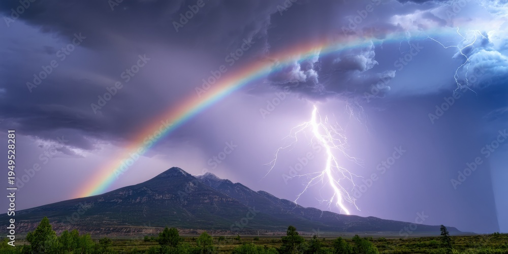 Naklejka premium Dramatic landscape features mountain, rainbow, lightning. Stormy skies dominate scene, creating powerful visual impact. Natures beauty.
