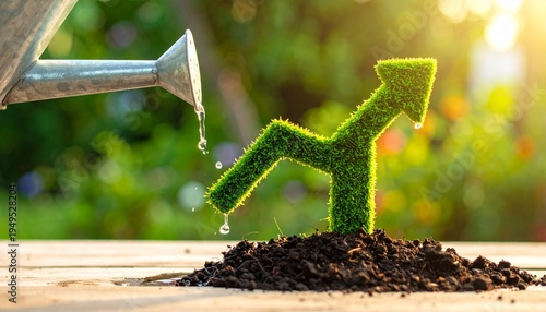A watering can nurturing a zigzag grass arrow rising upward, symbolizing growth, progress, and the flourishing results of care, sustainability, and positive development.