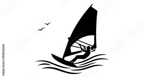 Windsurfing Silhouette - Active Water Sport Surfer Riding Ocean Waves Graphic