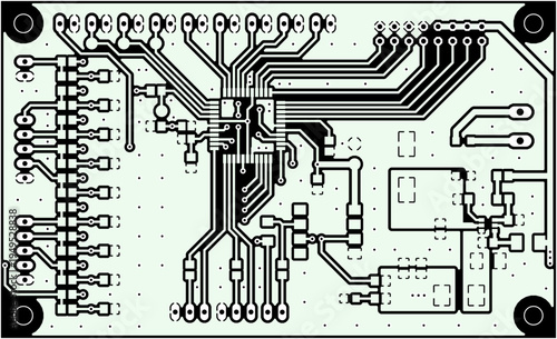 Tracing conductors of printed circuit board
of electronic device. Vector engineering 
drawing of pcb design. Electric background.
Computer technic cad project.