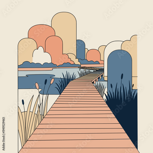 Curved wooden boardwalk through wetland landscape illustration