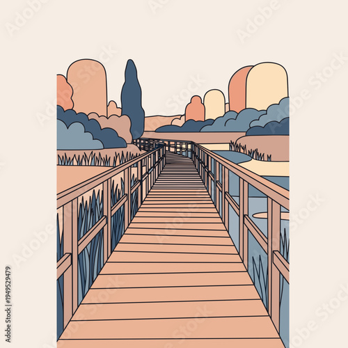 Wooden boardwalk through wetland nature reserve illustration