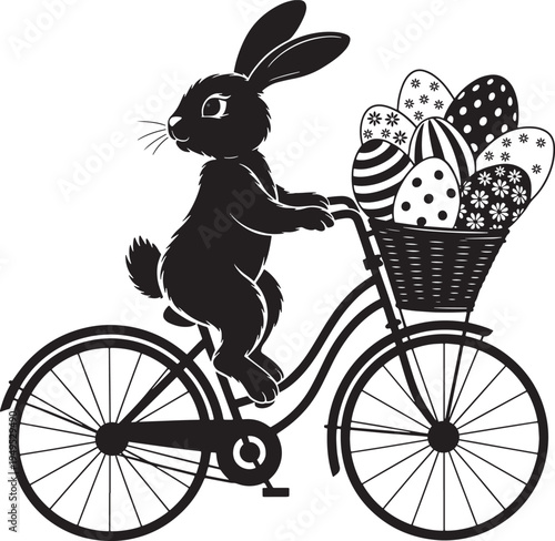 Easter day silhouette bunny riding bicycle with eggs on easter morning