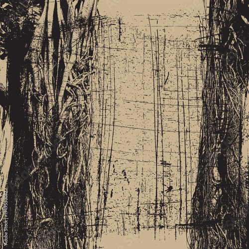 Vector frame featuring a realistic image of an old forest tree with roots and branches, and space for inscription and logo. Occult, magic, witchcraft, fantasy, fairy tale. Perfect for a Halloween part