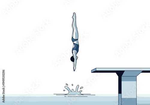 Female diver plunging headfirst into a swimming pool from a diving board with a splash