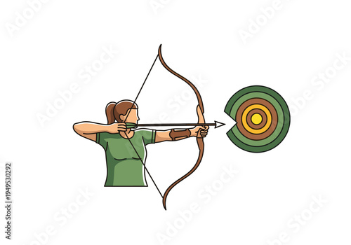 Female archer aiming a bow and arrow at an archery target