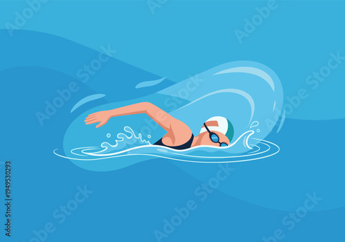 Person swimming front crawl stroke in blue water wearing a cap and goggles