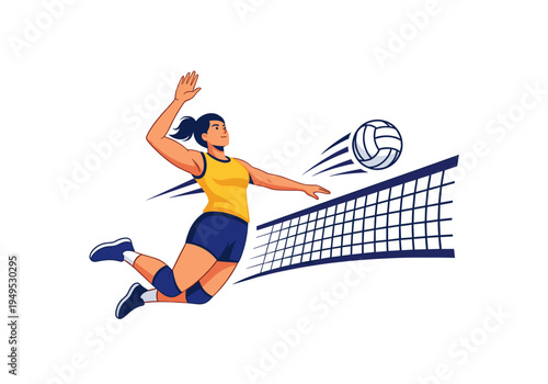 Female volleyball player jumping high to spike a ball over the net during an intense game