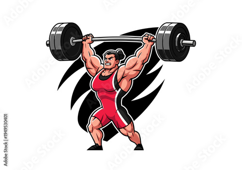 Strong cartoon woman weightlifter successfully lifting a heavy barbell overhead