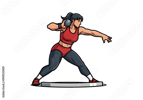 Determined female athlete preparing to throw a shot put in a sports competition