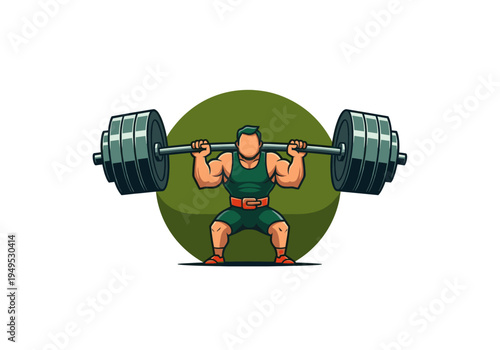 Muscular man performing barbell squat exercise in a gym setting