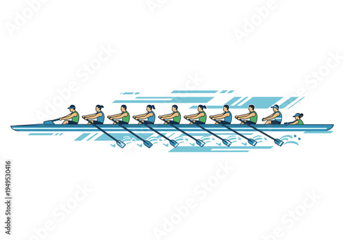 Eight rowers and coxswain in a long crew boat on water flat illustration