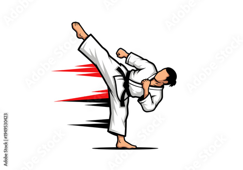Martial artist in a white gi performing a dynamic high kick