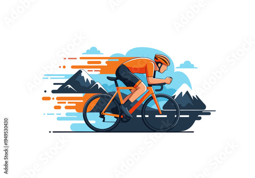 Male cyclist on a racing bicycle speeds through a mountain landscape with clouds.