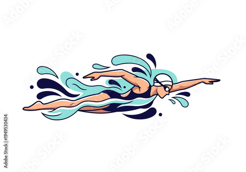 Dynamic illustration of a swimmer in a swimsuit, cap, and goggles gliding through blue water with splashes.