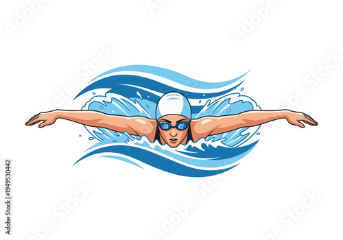 Female swimmer wearing a cap and goggles performing a butterfly stroke in blue water illustration