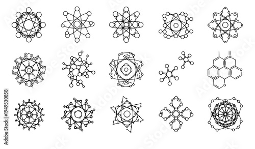 Abstract molecular network structures black and white scientific vector collection
