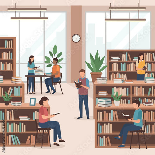 People reading books in a public library with bookshelves