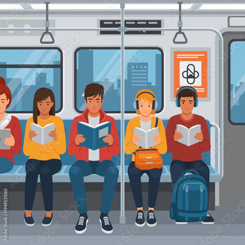 Commuters reading books on public transportation train in subway