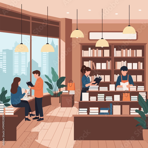 People reading books and browsing in a library or bookstore