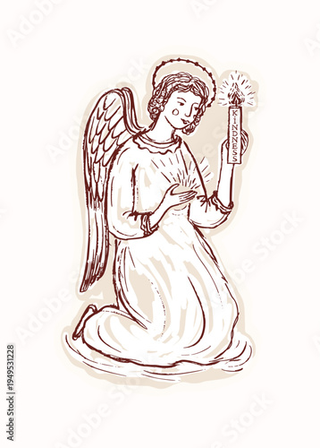Hand drawn kindness angel with candle for blessing motif. Black and white isolated vector graphic sticker design for bible study ,holy week prayer card. Religious Christian angelic messenger Gabriel