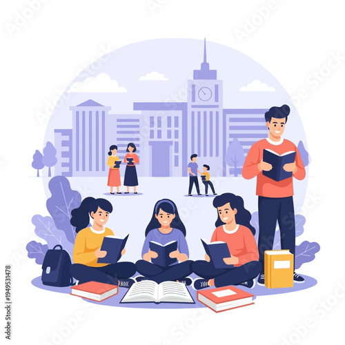 Students reading books outside a college campus setting