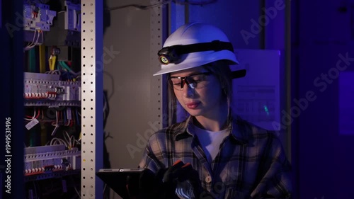 One female electrician inspects electrical cabinet using tablet. Electrician system inspection.