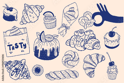 Bakery pastry set with croissant, cupcake and bread in hand drawn outline style
