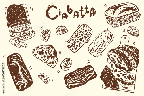 Ciabatta bread collection with bakery loaves and slices in outline style