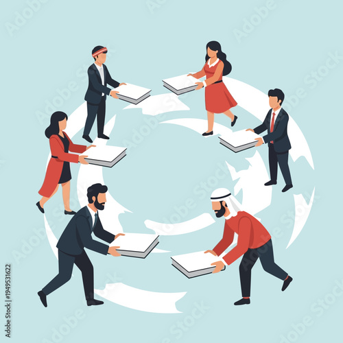 Diverse business staff exchanging books in a teamwork circle