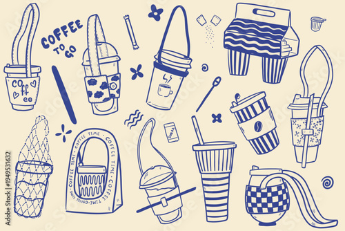 Coffee cup collection with takeaway mugs and drinks in outline style