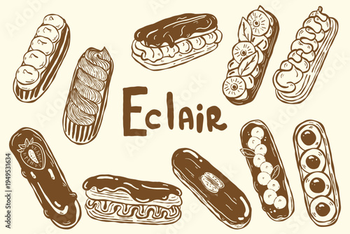 Eclair dessert pastry set with chocolate and cream in outline style