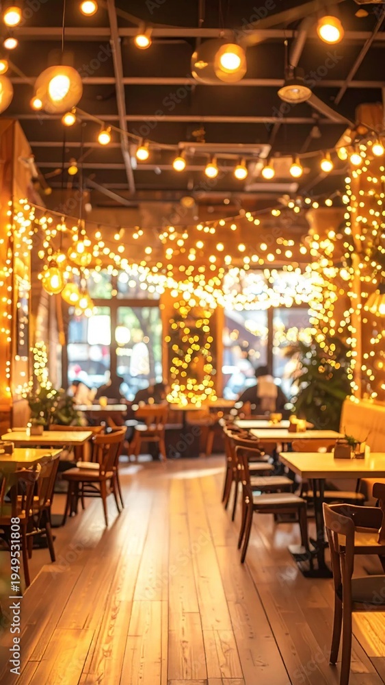 Fototapeta premium Cozy restaurant interior with warm string lights creating a festive and inviting atmosphere.