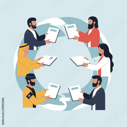 Diverse group of man and woman exchanging documents vector graphic