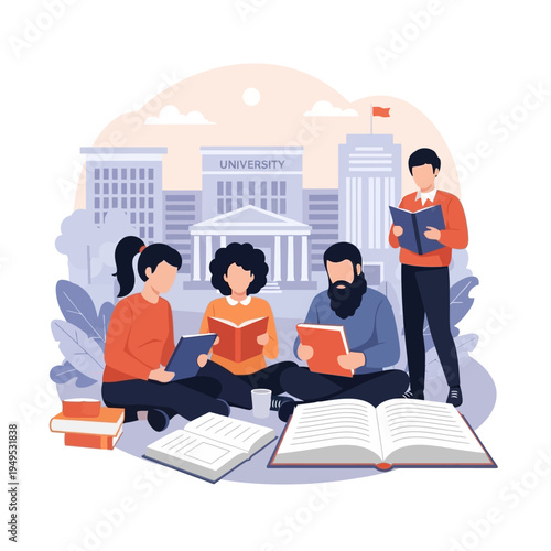 Students reading books on university grounds in front of campus buildings