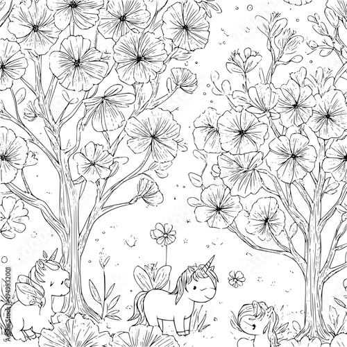 Whimsical black and white illustration of unicorns and flowers in a fantasy forest with a young girl