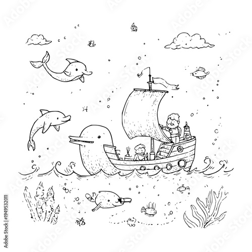 Whimsical black and white illustration of a sailing boat with people and friendly marine animals in the ocean
